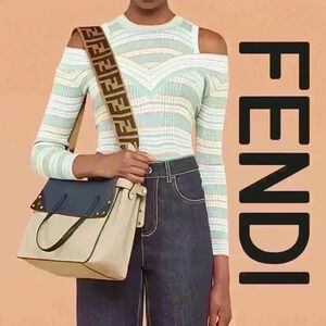 FENDI Flip Tote Bag w/ FF Crossbody Strap in Beige&Navy